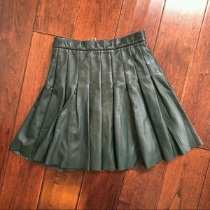 All Saints Olive Green Leather Pleated Skirt